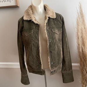 American eagle dark green olive brown jacket corduroy fur jacket pockets furry